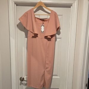 Boohoo Pink Sheath Midi Maternity Dress with Flutter Sleeves